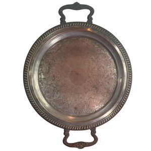 Sheridan Vintage Silver on Copper Serving Tray with Handles Ornate 12-3/4”